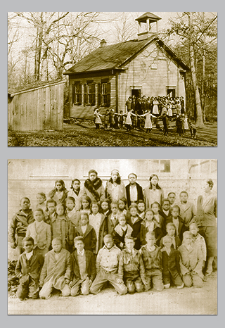 Top:Photo of one room school house. Below: Photo of African american classmates.