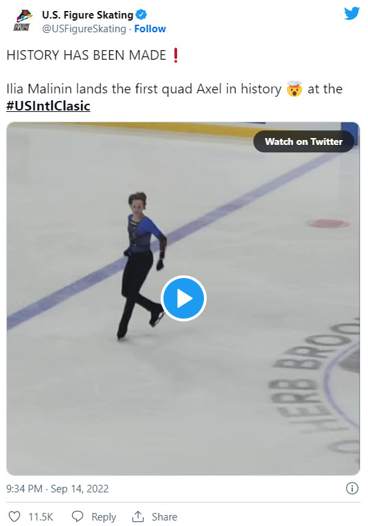 Screen shot of Tweet from US Figure Skating saying "History has been made! Ilia Malinin Lands the first quad axel in history at the #USIntlClasic"
