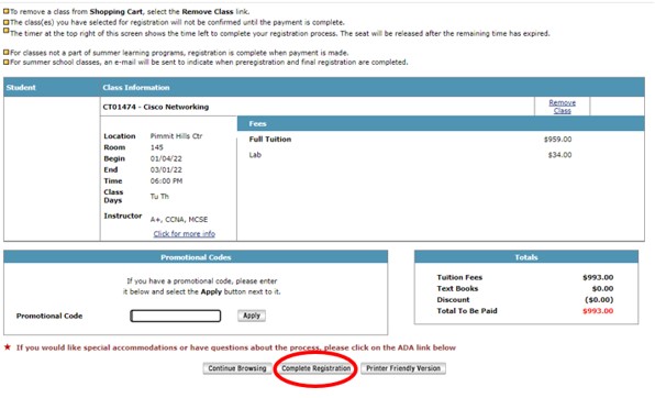 screenshot of the website once the student has been added to the class with the complete registration button circled in red