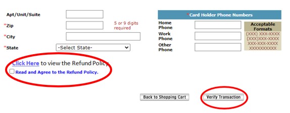 screenshot of the refund policy checkbox circled in red and the verify transaction button circled in red