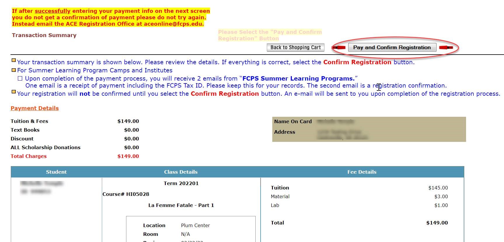 screenshot of the Pay and Confirm registration button circled in red