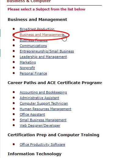 screenshot of the subjects that appear after click on business and computer