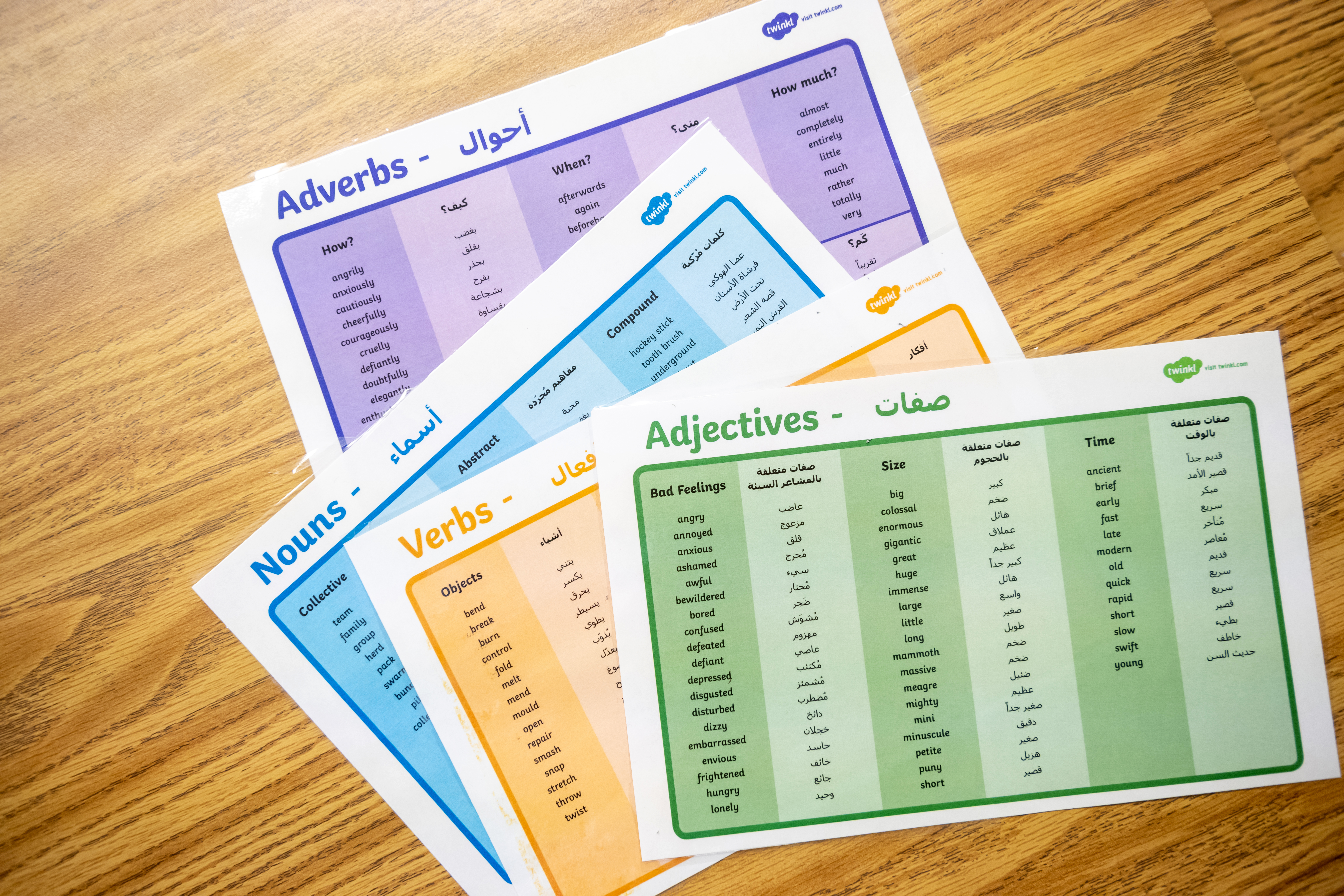 Arabic word flashcards used to help students expand their vocabulary.