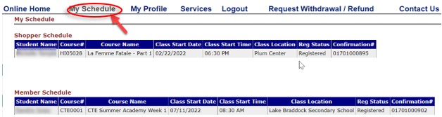 screenshot of the class history page with the my schedule link circled in red