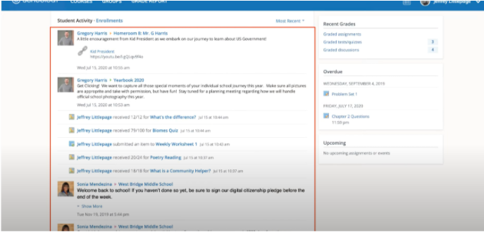 Schoology Screenshot of the student feed