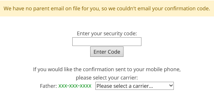 Screenshot of web page asking you to pick your cell phone carrier (e.g., T-Mobile) so you can get the security code in a text message.