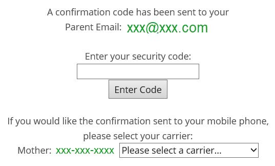Screenshot of web page showing the email address the confirmation was sent to, a place to enter the security code, and the option to have the code sent in a text message.