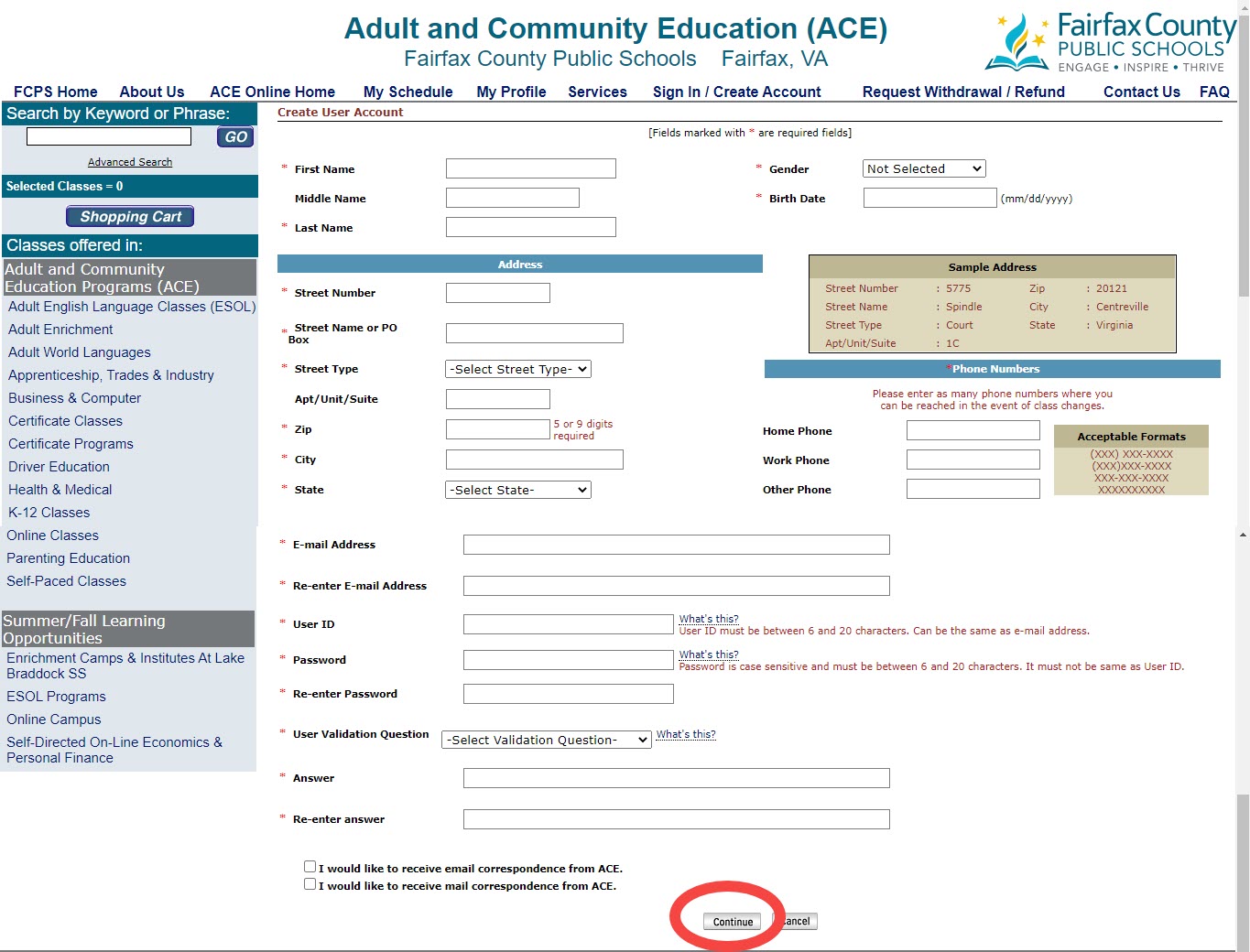 screenshot of the web page to create an account with the continue button circled in red