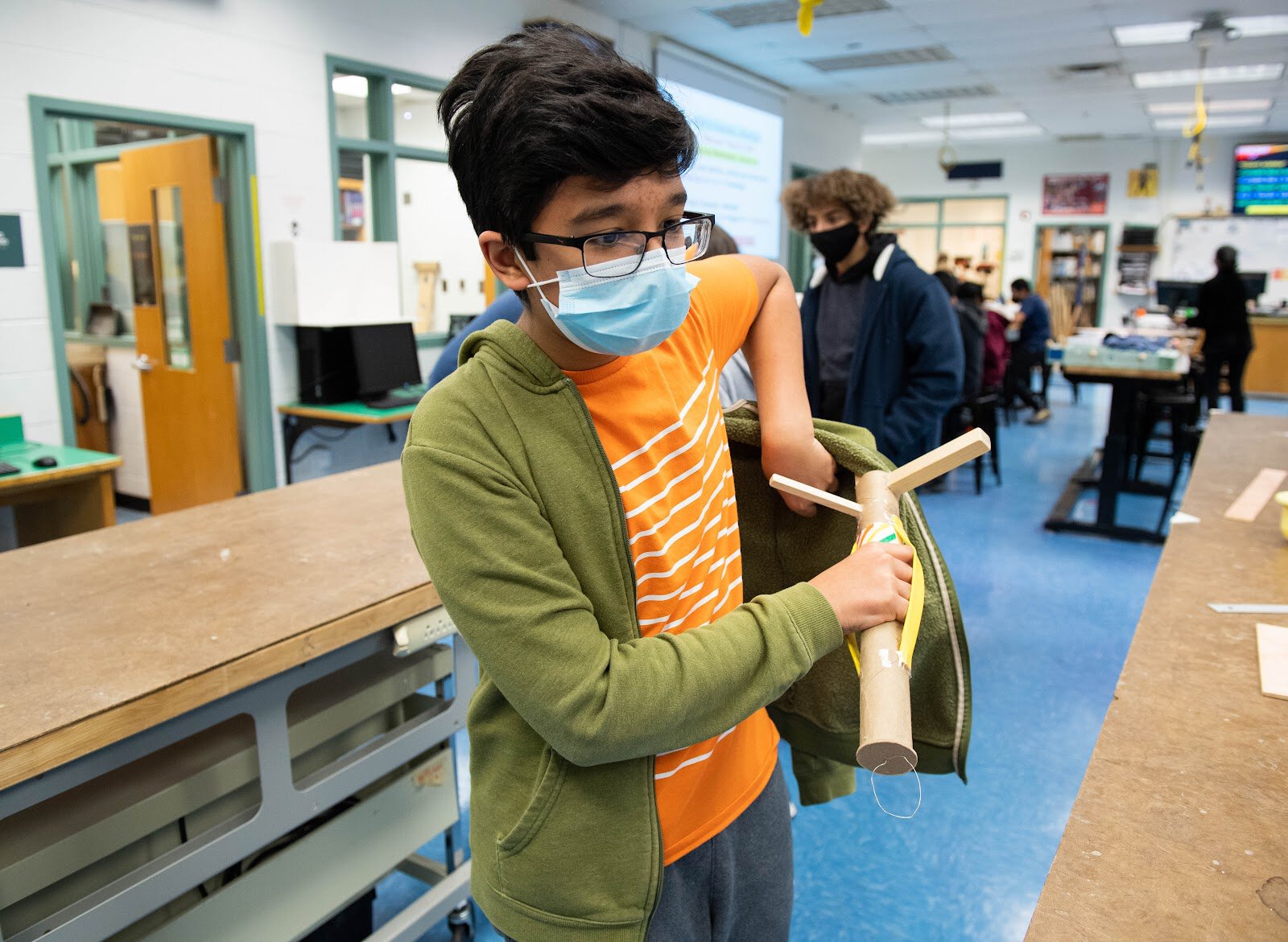A "dressing stick" created by an Engineering 3 elective student at Carson MS is intended to help people with mobility restrictions dress themselves.