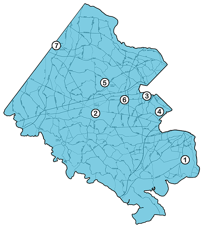 Map with numbers showing the locations of the seven all-African-American Schools.
