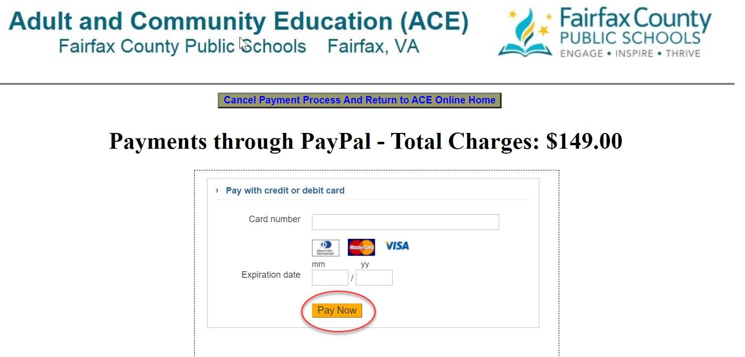 screenshot of the web page to enter your credit card information with the pay now button circled in red