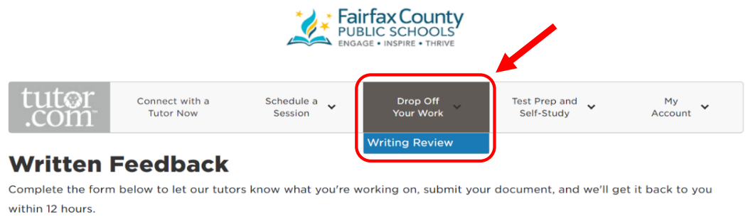 Tutor.com screenshot of dropping off a writing assignment for review