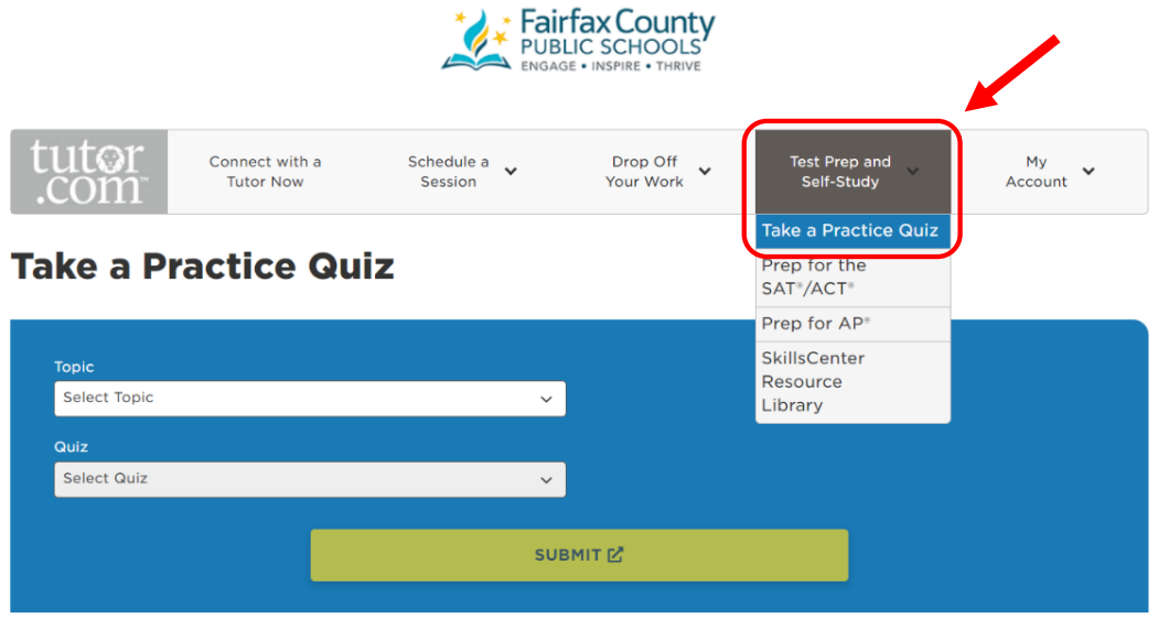 Tutor.com screenshot showing how to take a practice quiz