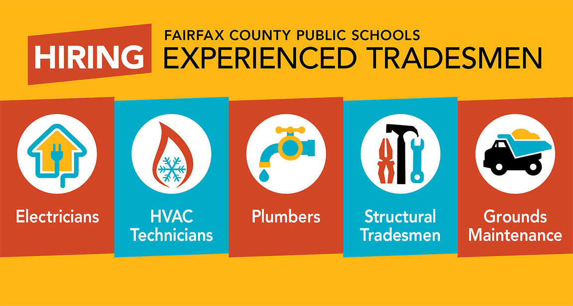 Graphic. Headline says: Hiring Experienced Tradesmen. Icons depicting Electricians, HVAC Technicians, Plumbers, Structural Tradesmen, and Grounds Maintenance