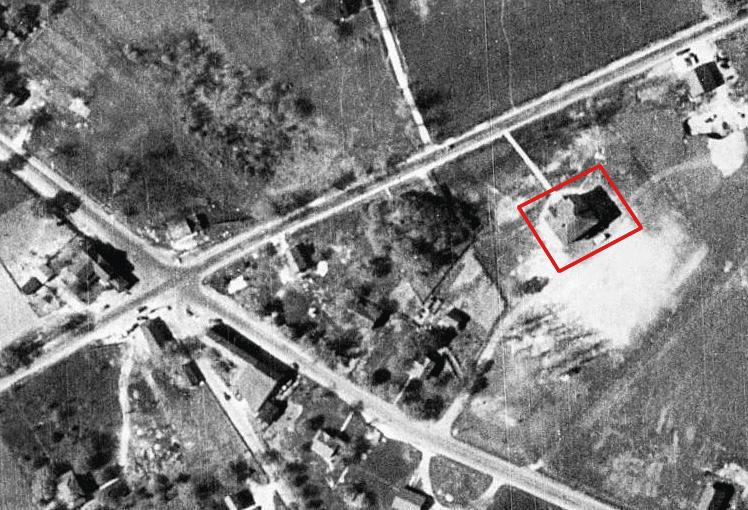 Animated image showing an aerial view of Bailey’s Crossroads in 1937 and 2021. The old Bailey’s Crossroads School is outlined on the 1937 images.