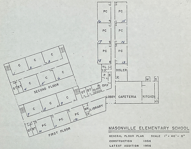 Photograph of a floor plan diagram of Masonville Elementary School.