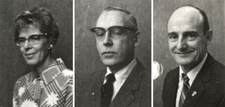 Black and white portrait photographs of principals Margaret R. Robinson, Paul C. Kelley, and Richard A. Claybrook.