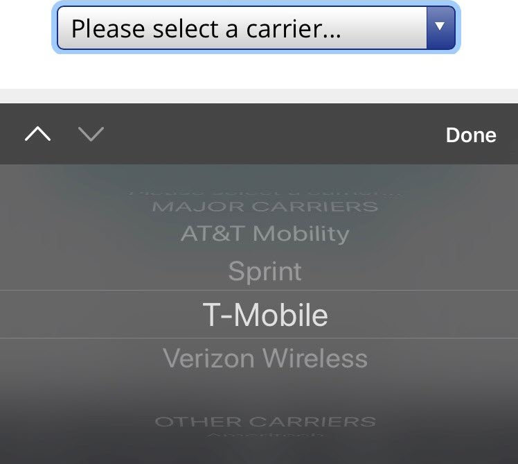 Screenshot of the list of cell phone providers on a cell phone