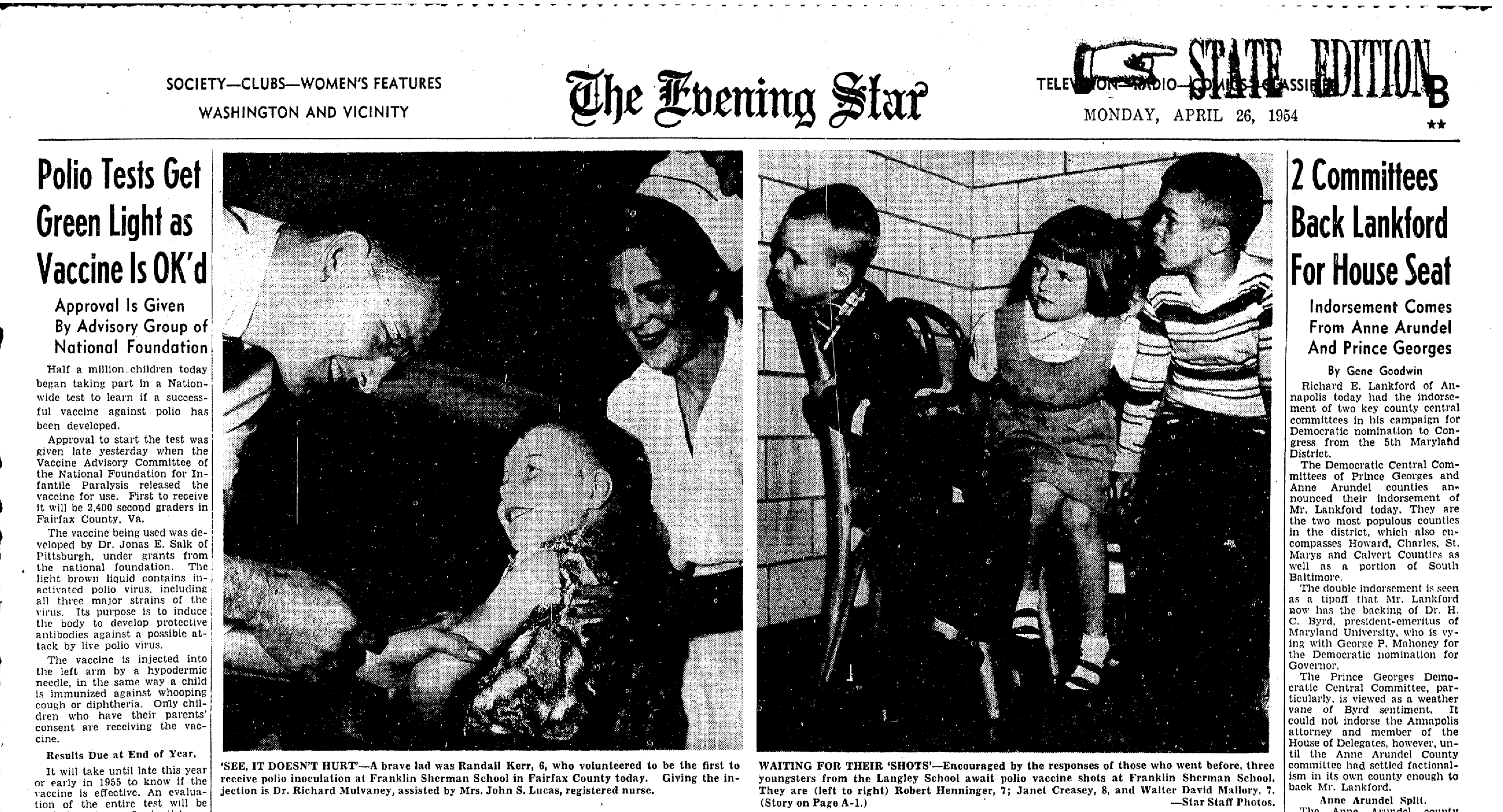 Evening Star News clip of Walt Mallory, former FCPS student, waiting to be vaccinated against polio in 1954.