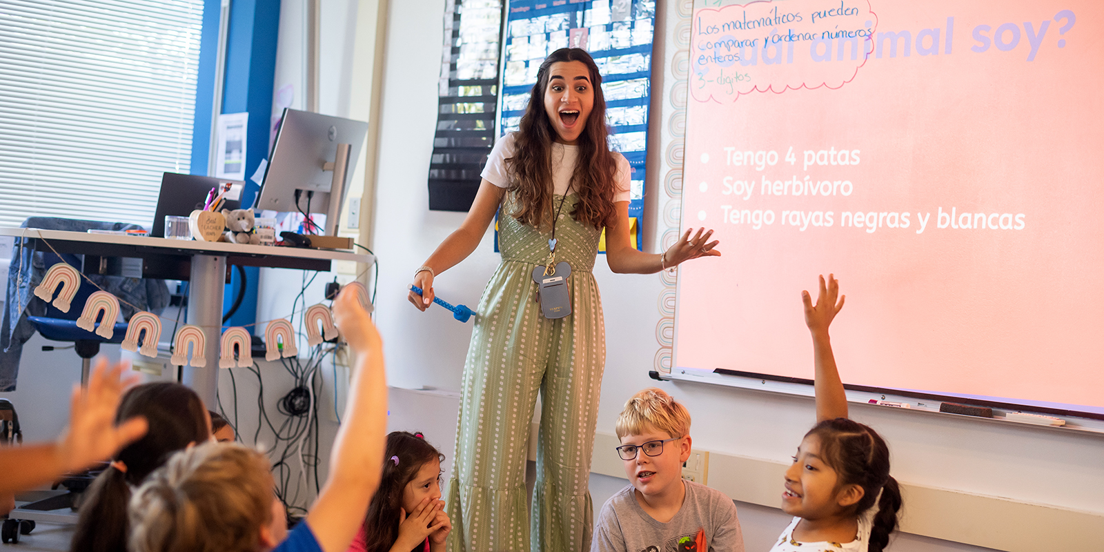 Gabriela Muriente, a third-grade Spanish immersion teacher recruited from Puerto Rico, teaches a lesson at Bailey's Upper Elementary School.