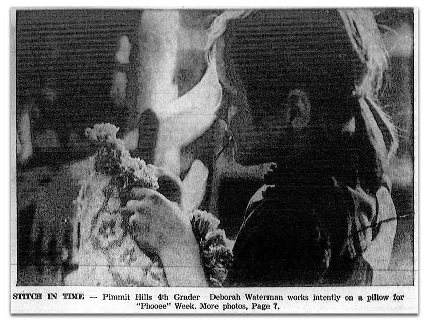 Newspaper article photograph showing a student at Pimmit Hills Elementary School. The image caption reads: Stitch In Time – Pimmit Hills 4th Grader Deborah Waterman works intently on a pillow for “Phooee” Week. More photos, Page 7.
