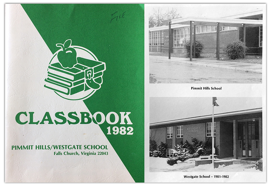 Photograph of the cover and inside front page of the combined Pimmit Hills and Westgate Elementary School 1982 Classbook. Pictures of the buildings are shown.
