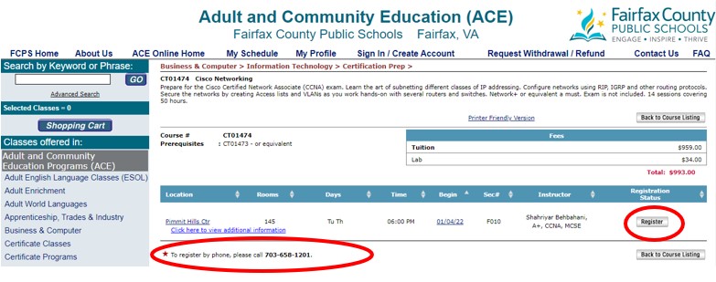 screenshot of the web page with the register button circled in red and the registration phone number circled in red.