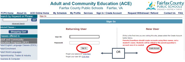 screenshot with the sign in button circled in red and the create account button circled in red