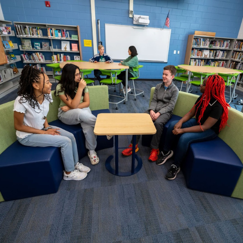Frost MS students sit in their newly renovated library