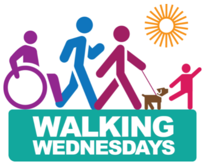 stick figures of a family walking a dog with the text walking wednesdays