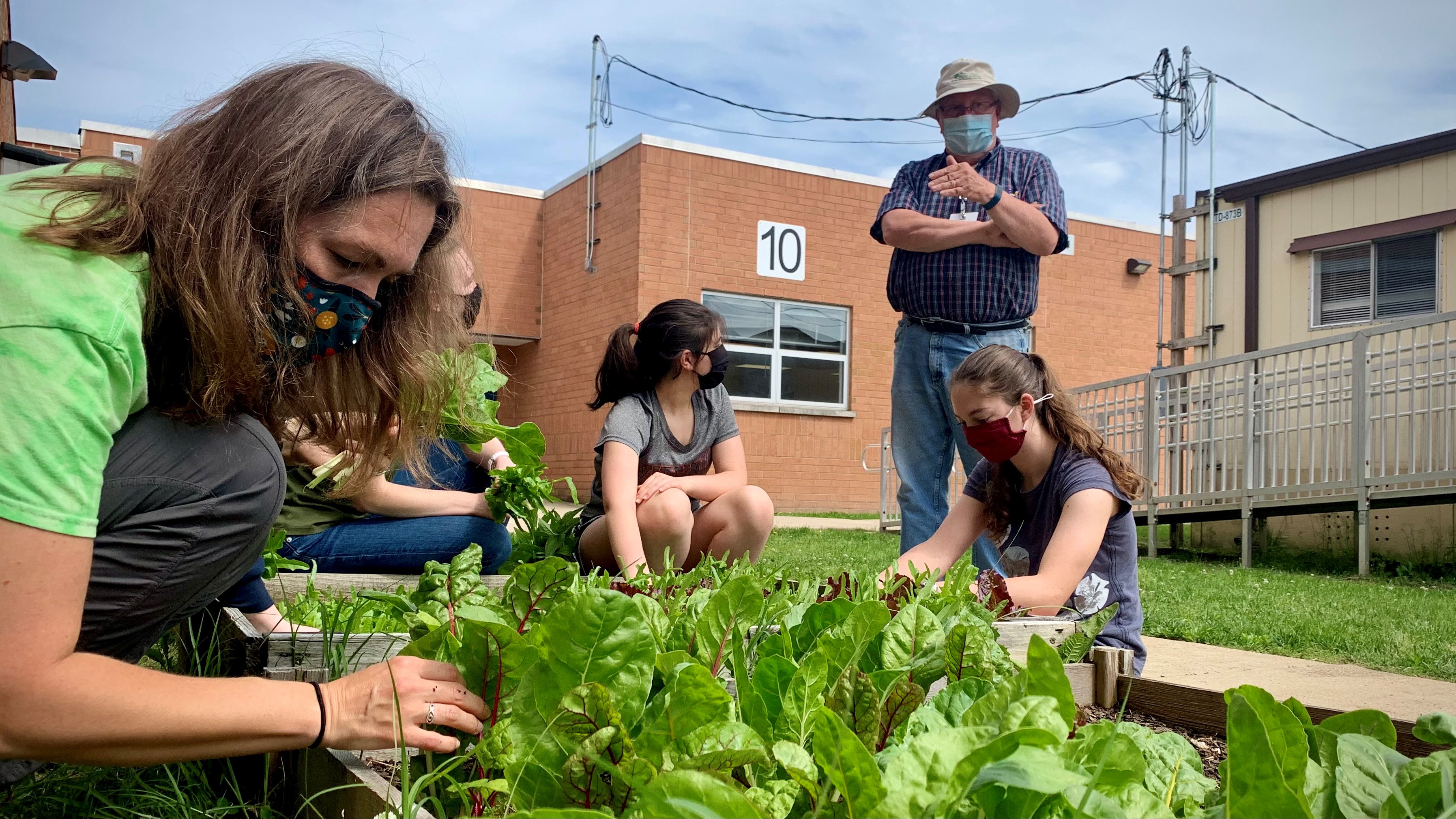 Master Gardener Tony Makara guides students as they weed and harvest.