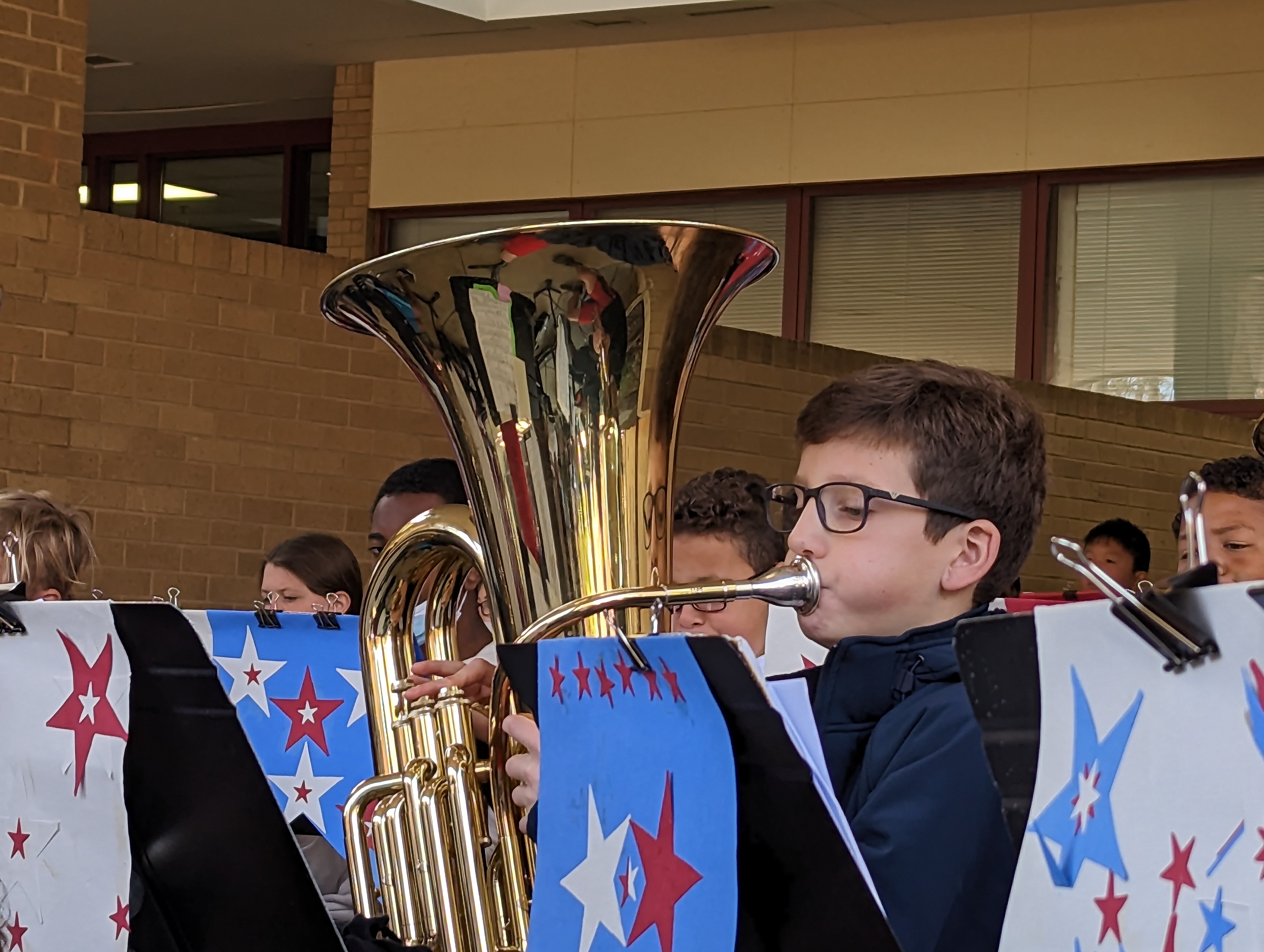 An Orange Hunt Elementary student participates in the Veterans Day band performance.