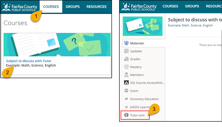 Screen shot of selecting course and then tutor.com in Schoology