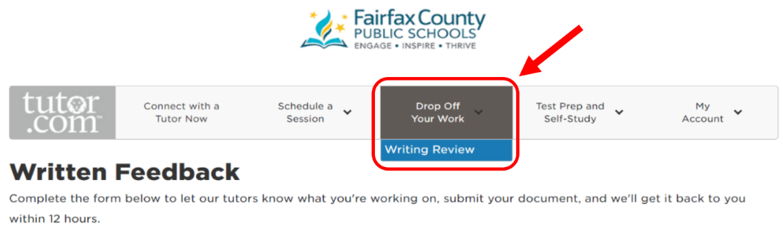 Tutor.com screenshot showing where to click to submit a writing assignment for review.