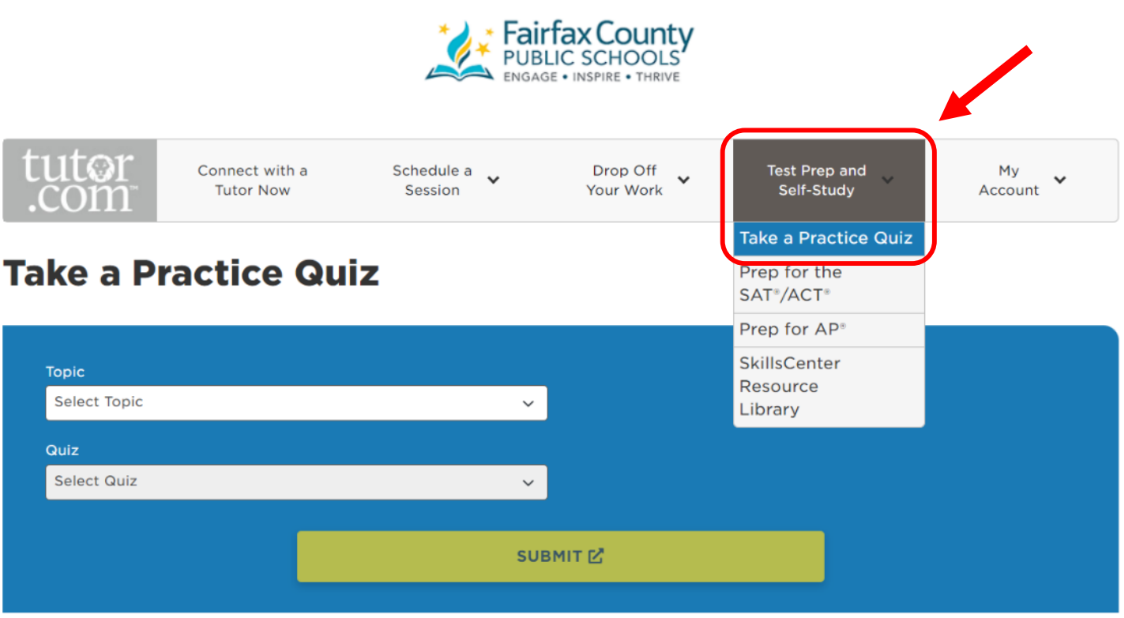 Tutor.com screenshot showing where to access practice quizzes