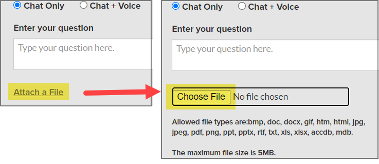 Screen shot of Attach File link becoming Choose file button.