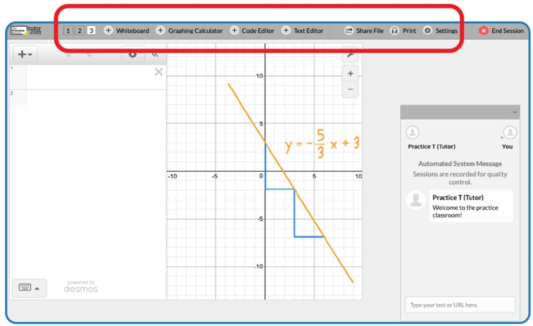 Screen shot of the tool bar in a live tutor session.