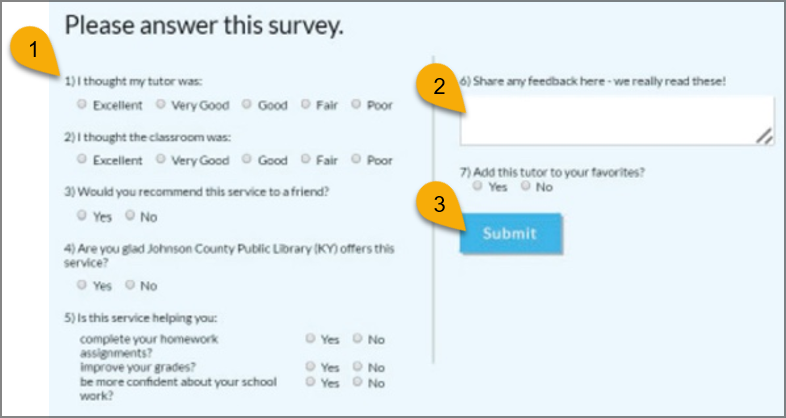 Screen shot of the tutor's survey with radio buttons, text box, and submit button.