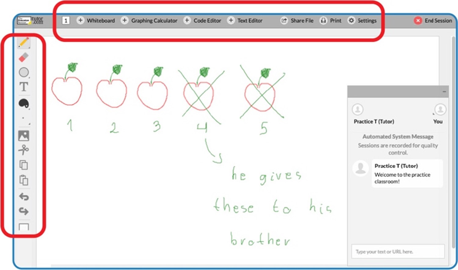 Screen shot of the whiteboard and tool buttons in a tutoring session.