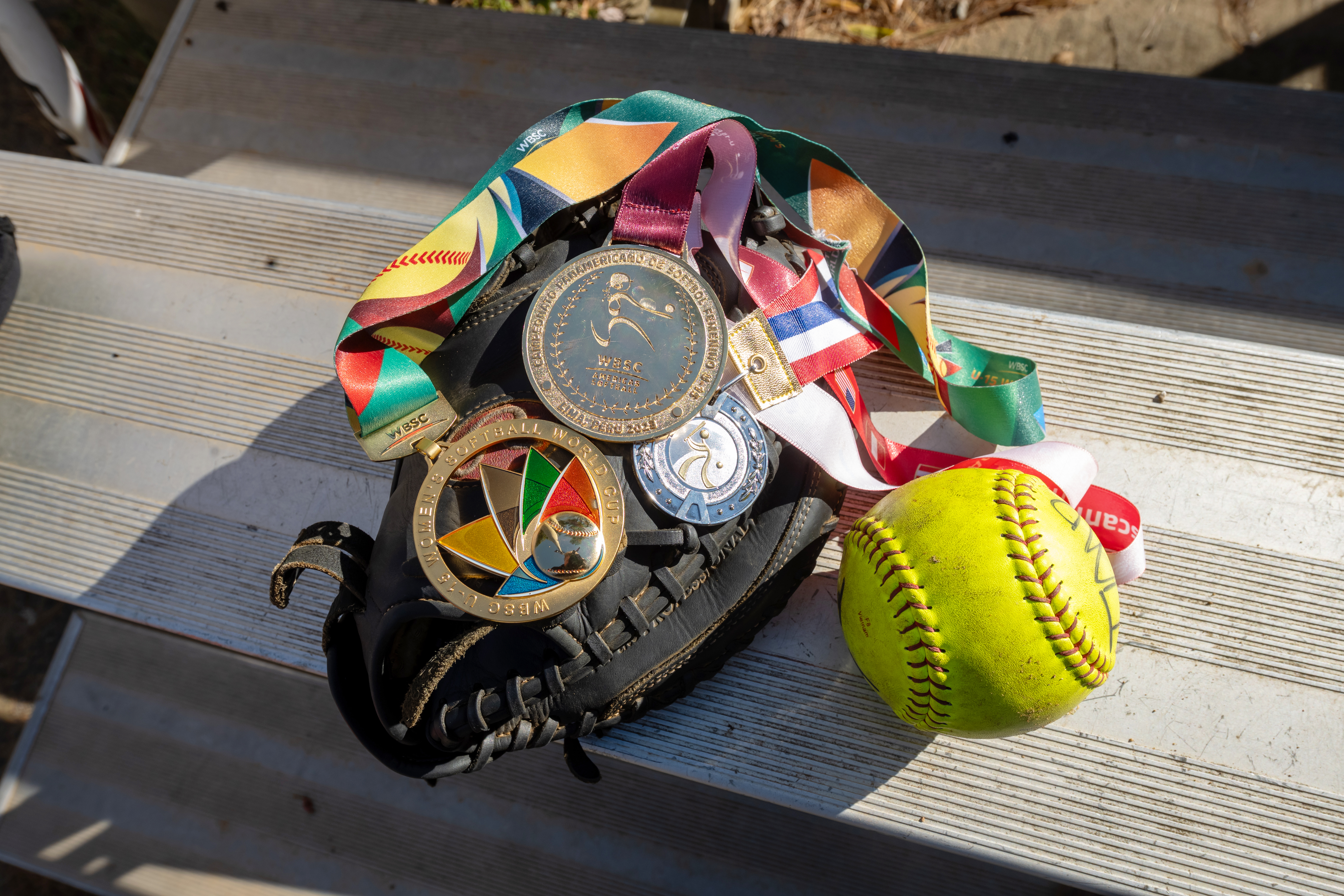 A closer look at Riley Staats' medals, softball, and glove.