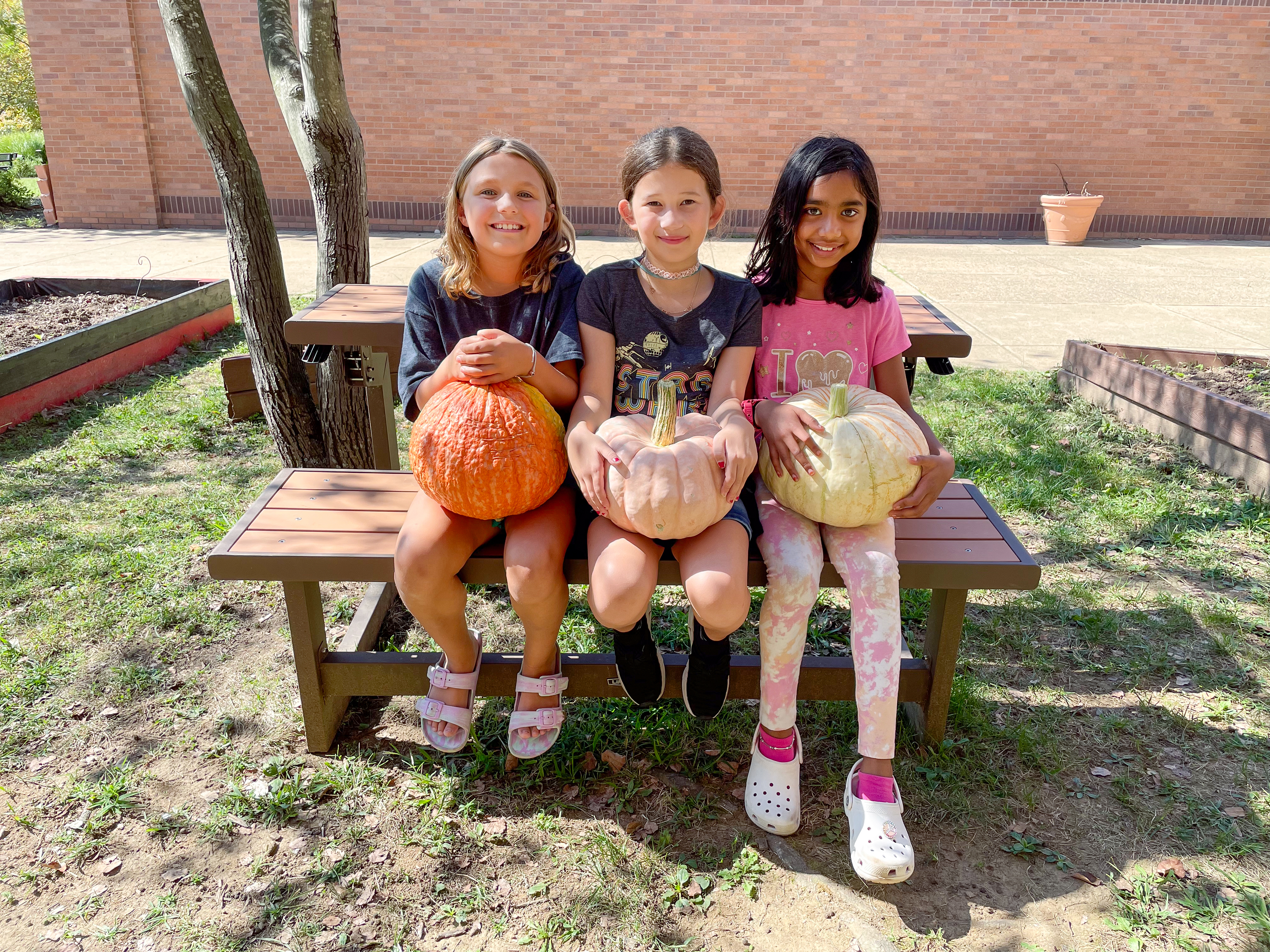 Student volunteers at Centreville Elementary School's farmers market hold some fresh gourds up for sale.