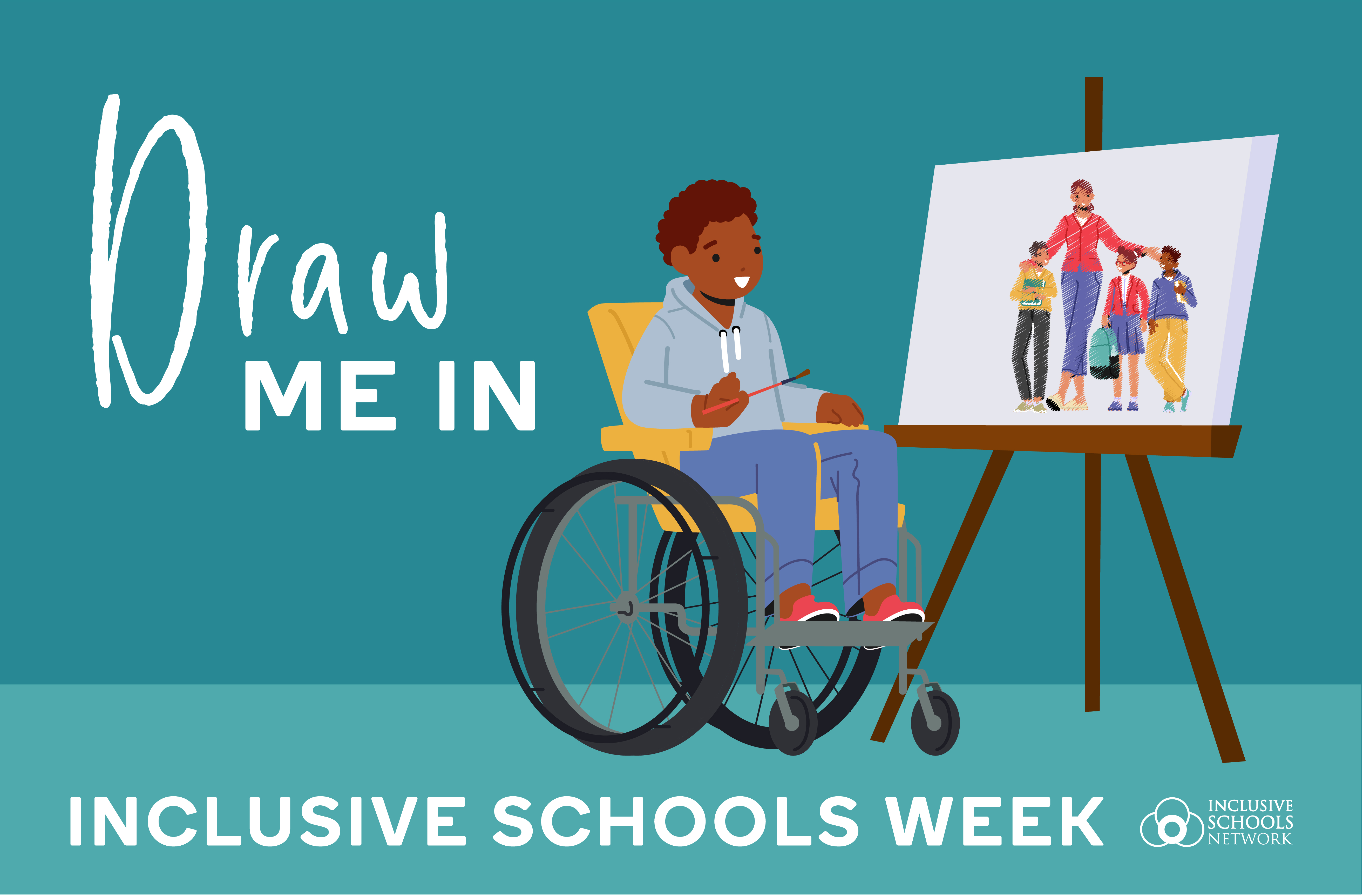 Draw Me In text beside a student in a wheelchair holding a paint brush and sitting beside an easel.