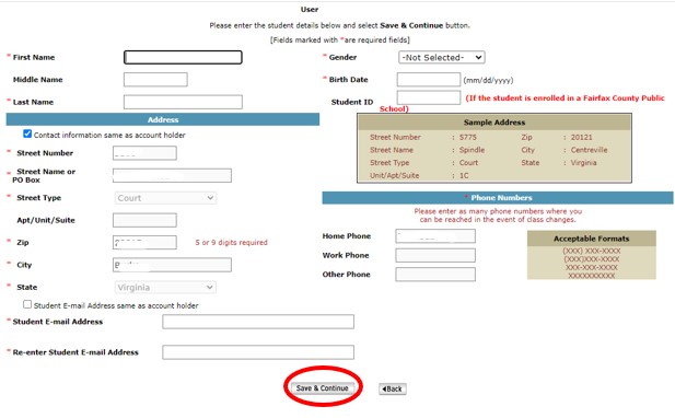 screenshot of adding a student with the save and continue button circled in red