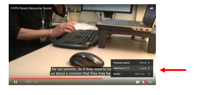 A Youtube video with a menu open and a red arrow pointing towards the subtitles choice