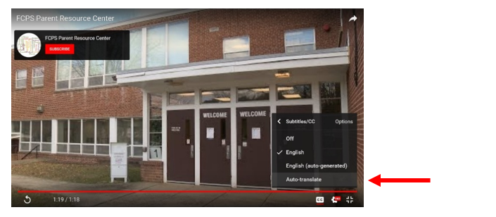 Youtube video with menu open and a red arrow pointing to Auto-translate