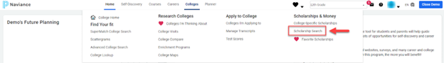 Naviance menu with an arrow pointing to "Scholarship Search"