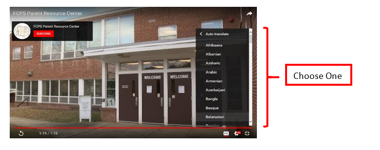 A Youtube video with a menu open and numerous languages listed as choices for translation