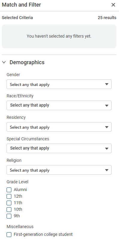 Naviance screenshot of "match and filter" options