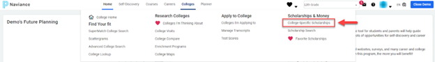 Naviance menu screenshot with an arrow pointing to "college specific scholarships"