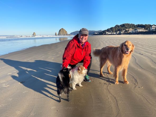 Dr. Reid walks on a beach with three dogs